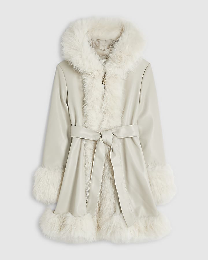 Girls Cream Faux Fur Wrap Hoodie Coat