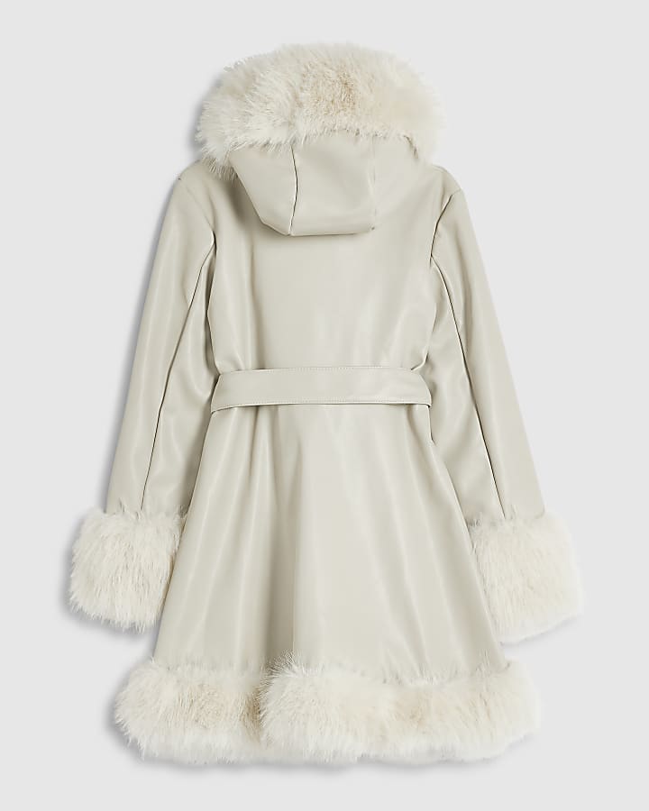 Girls Cream Faux Fur Wrap Hoodie Coat