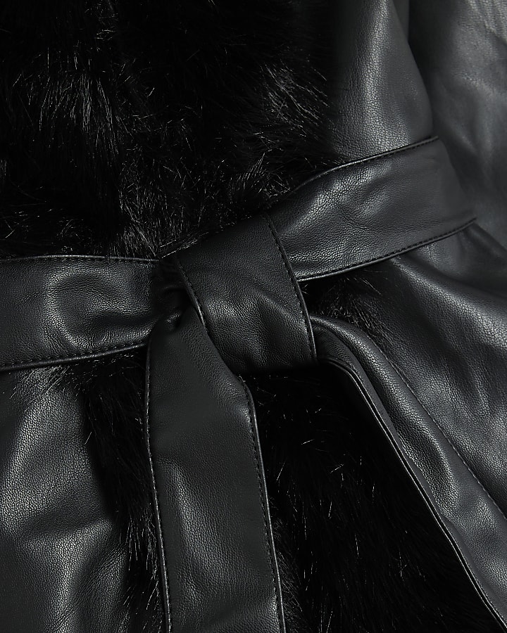 Girls Black Faux Fur Wrap Hoodie Coat