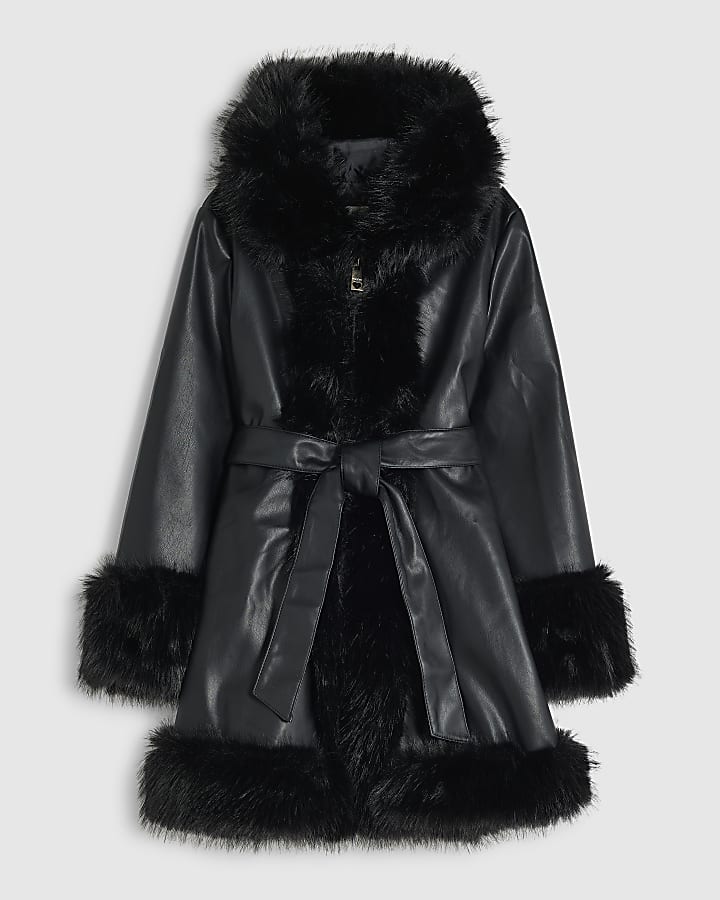 Girls Black Faux Fur Wrap Hoodie Coat