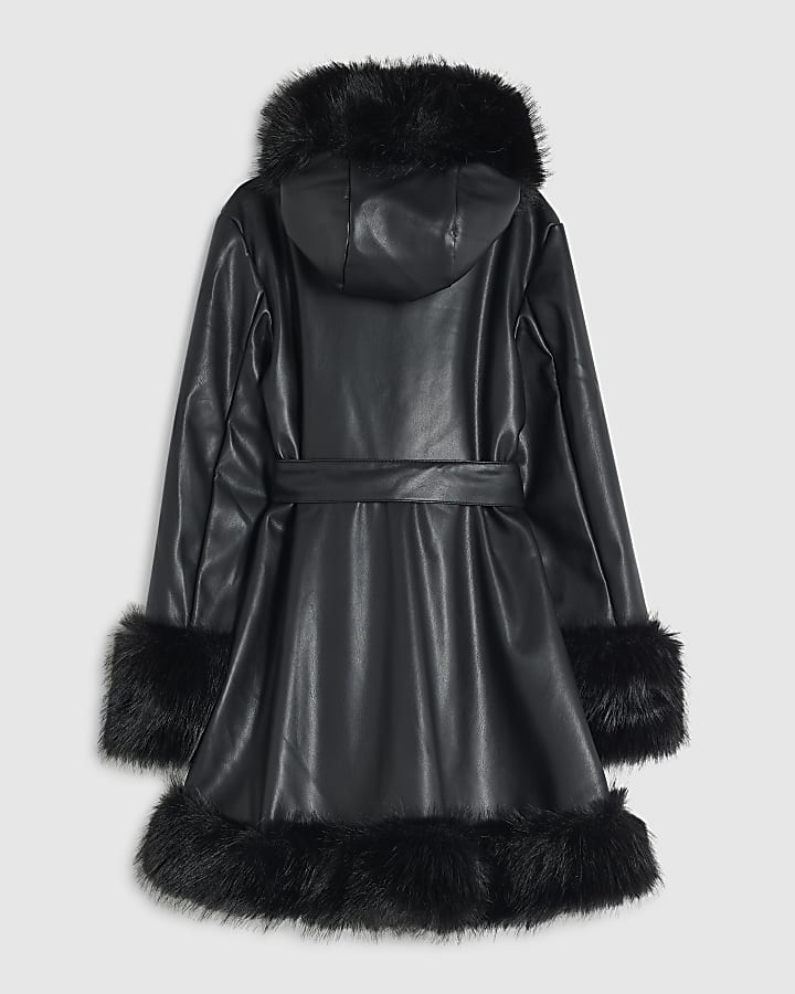 Girls Black Faux Fur Wrap Hoodie Coat