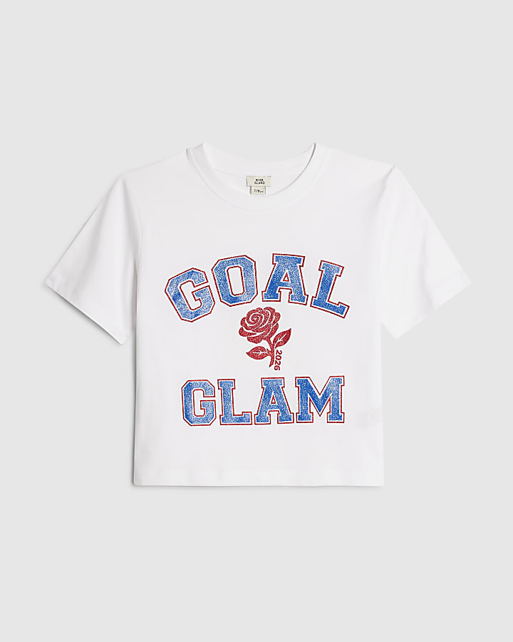 Girls White Goal Rose Glam Crop Top