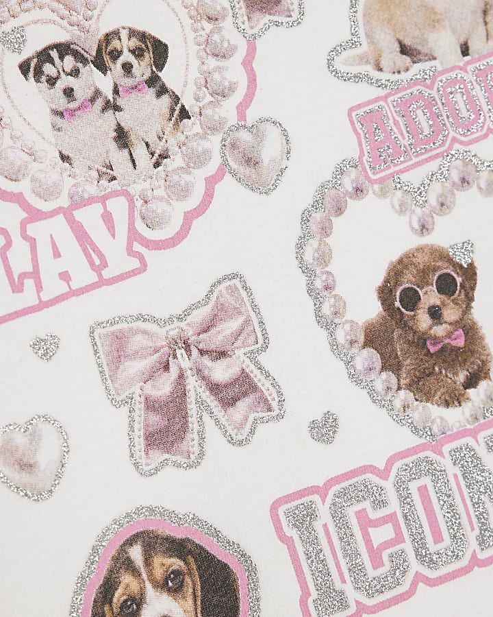 Girls White Dog Heart And Glitter T-Shirt