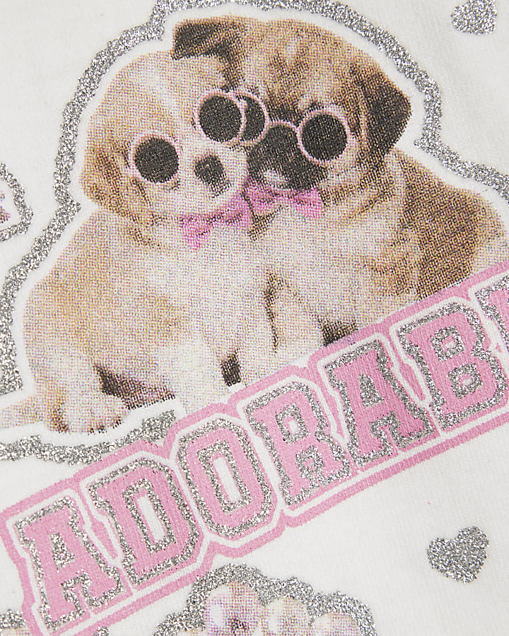 Girls White Dog Heart And Glitter T-Shirt