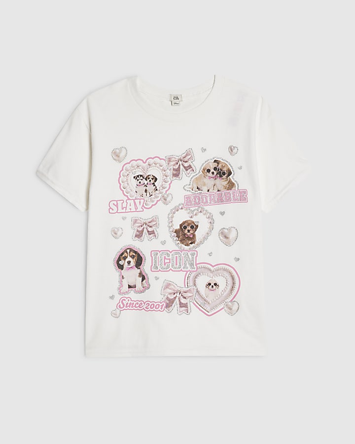 Girls White Dog Heart And Glitter T-Shirt
