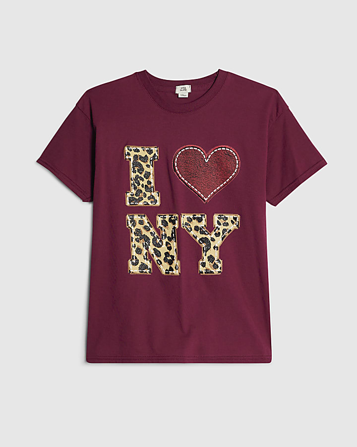 Girls Purple Leopard I LOVE NY Heart T-Shirt