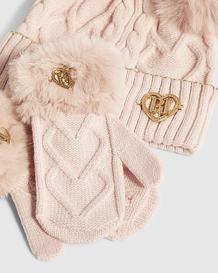 Mini Girls Pink Pom Pom Beanie Set