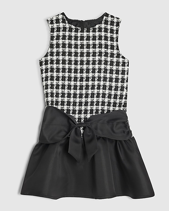 Girls Black Satin Hem Boucle Dress