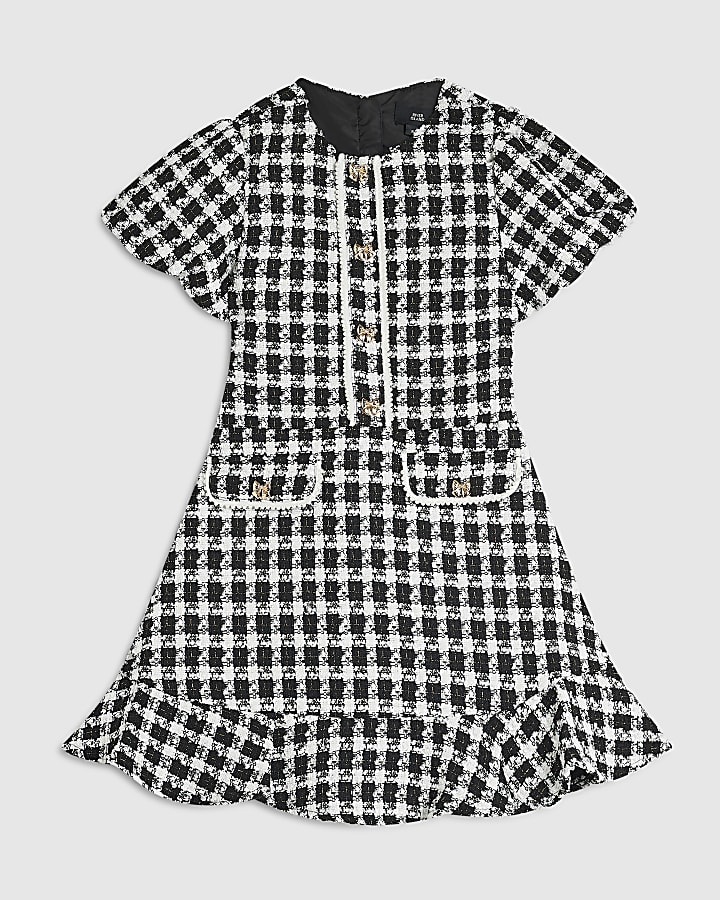 Girls Black Check Puff Sleeve Boucle Dress