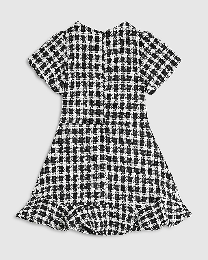 Girls Black Check Puff Sleeve Boucle Dress