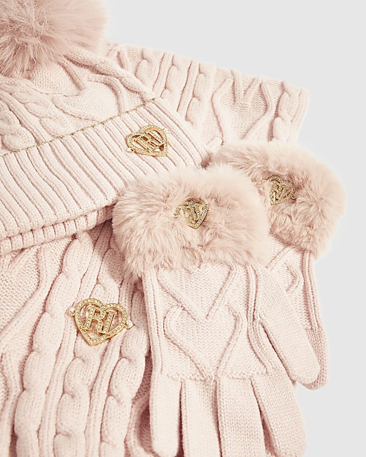 Girls Pink Cable Knit Hat & Scarf Set