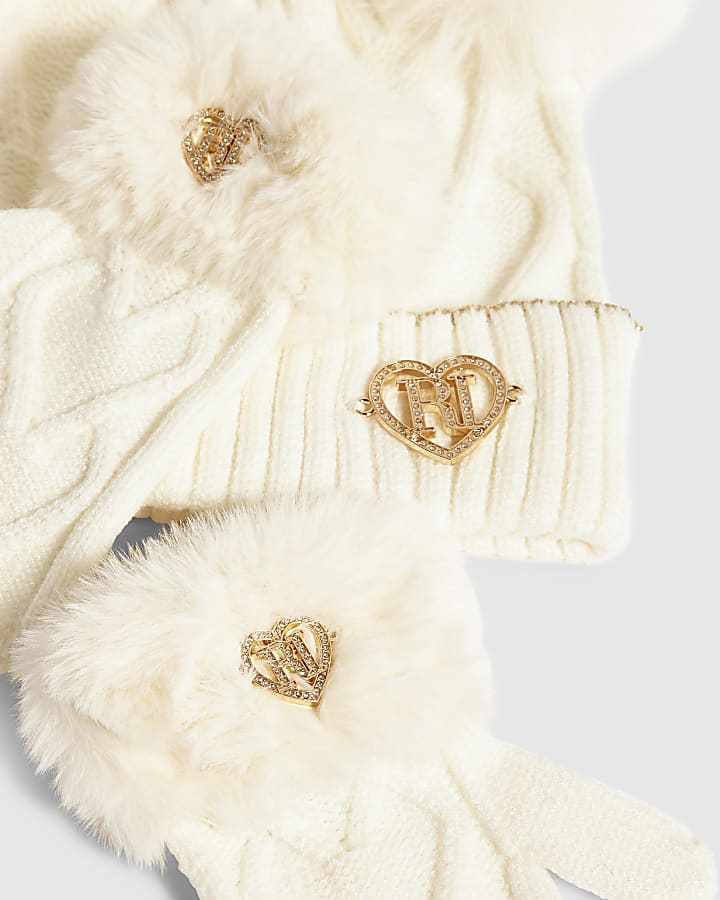 Mini Girls Cream Pom Pom Beanie Set