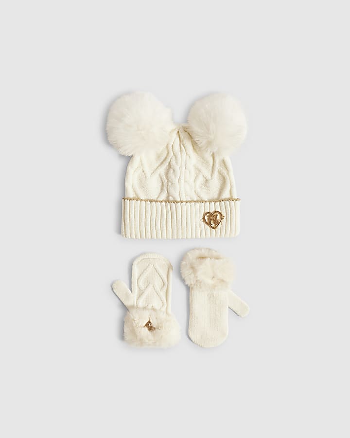 Mini Girls Cream Pom Pom Beanie Set
