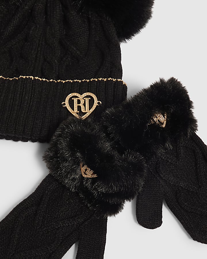 Mini Girls Black Pom Beanie Set