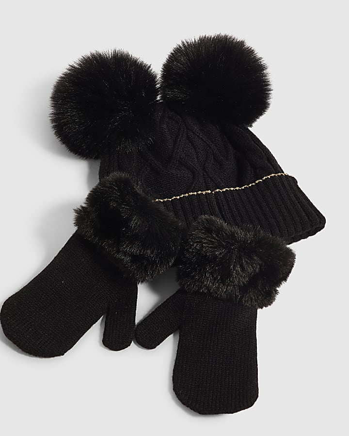 Mini Girls Black Pom Beanie Set