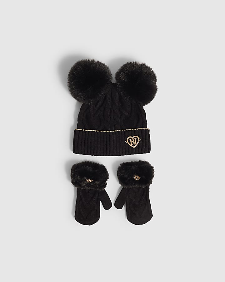 Mini Girls Black Pom Beanie Set