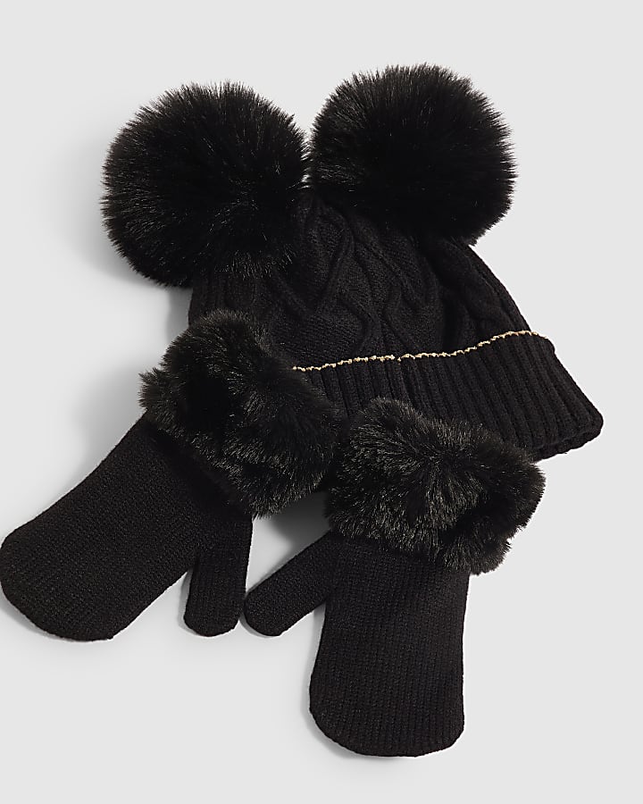 Mini Girls Black Pom Beanie Set