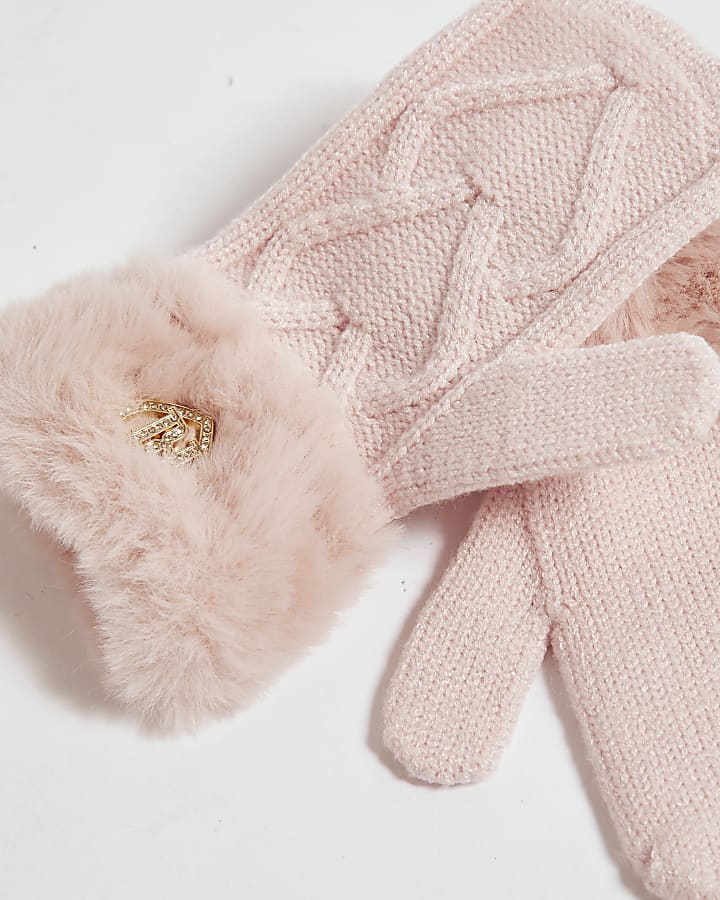 Mini Girls Pink Knitted Faux Fur Mittens