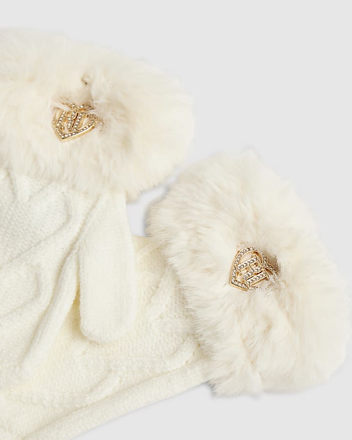 Mini Girls Cream Knitted Faux Fur Mittens