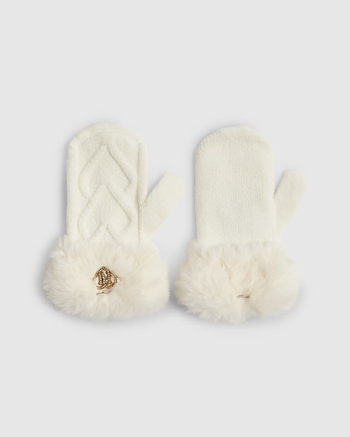 Mini Girls Cream Knitted Faux Fur Mittens