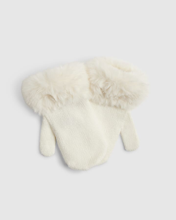 Mini Girls Cream Knitted Faux Fur Mittens