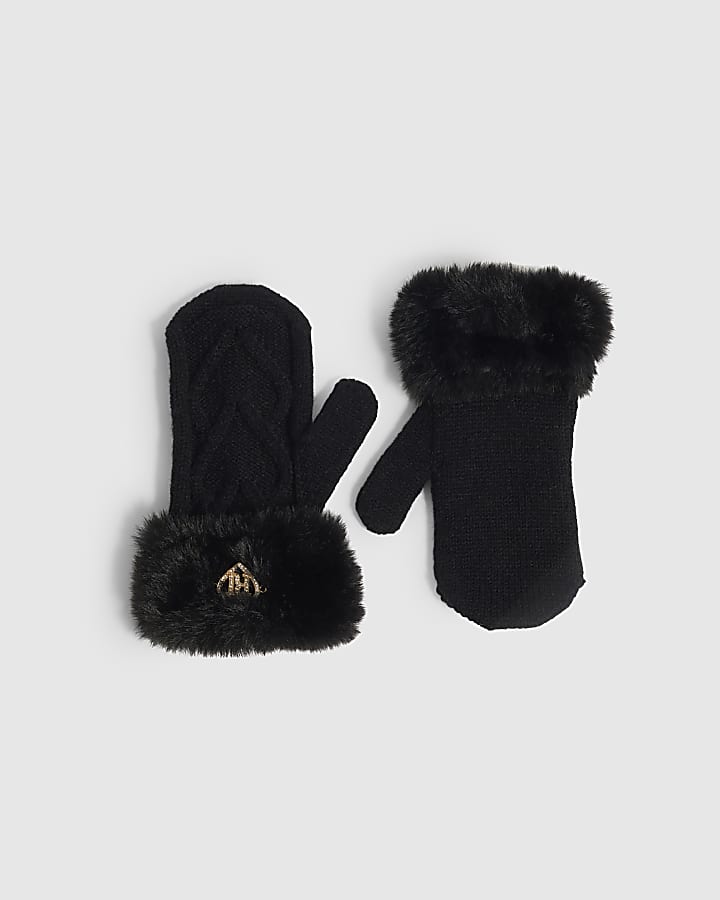 Mini Girls Black Knitted Faux Fur Mittens