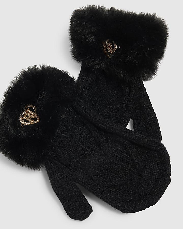 Mini Girls Black Knitted Faux Fur Mittens