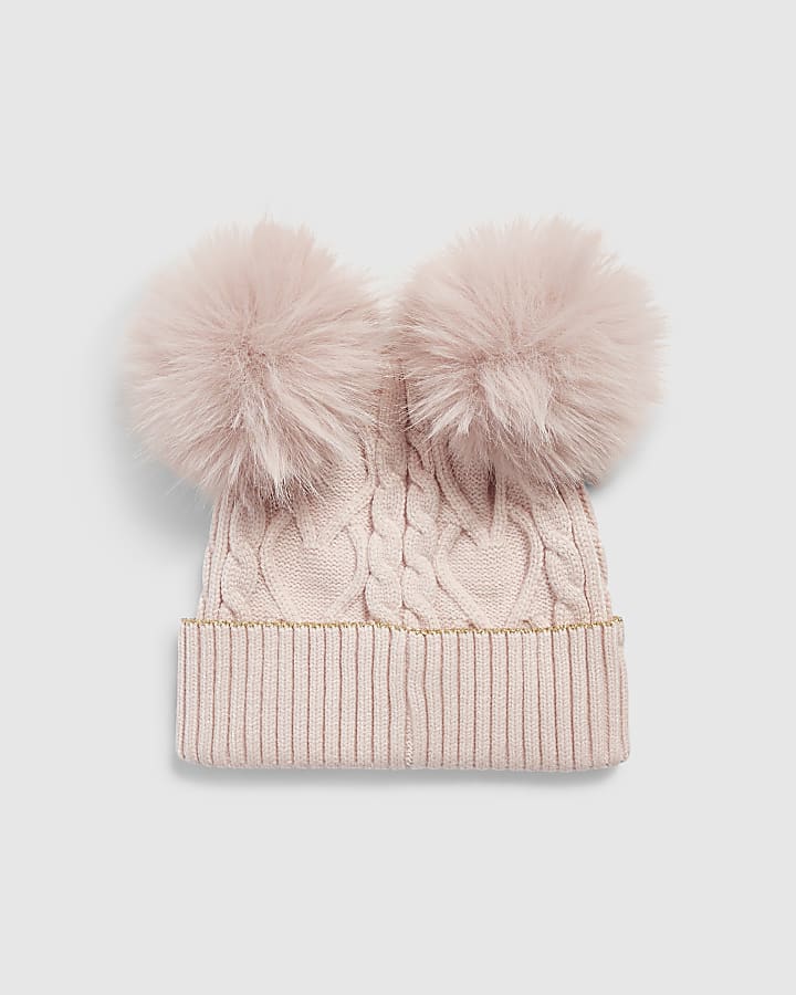Mini Girls Pink Double Pom Beanie