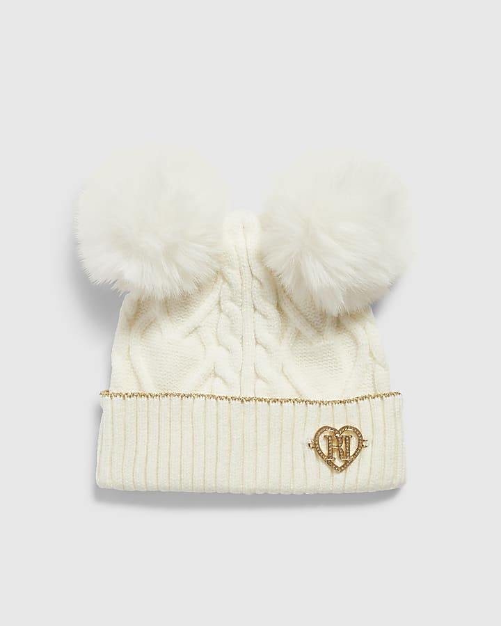 Mini Girls Cream Double Pom Beanie