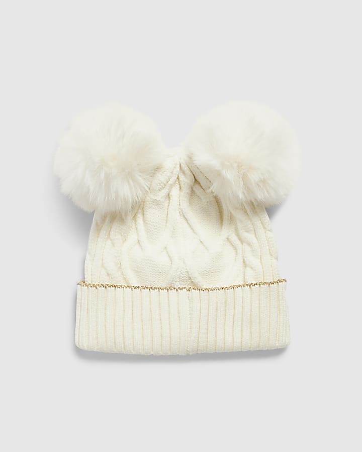 Mini Girls Cream Double Pom Beanie