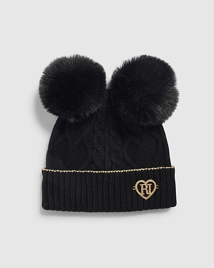 Mini Girls Black Double Pom Beanie