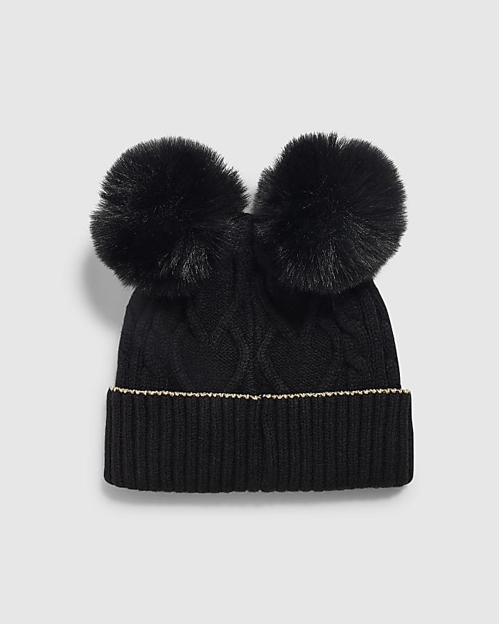Mini Girls Black Double Pom Beanie