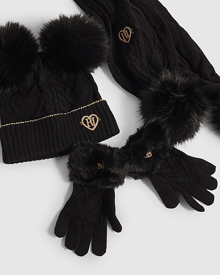 Girls Black Knitted Beanie Bundle Of 3