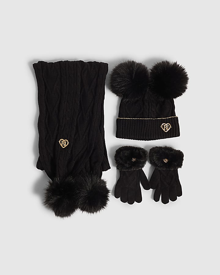 Girls Black Knitted Beanie Bundle Of 3