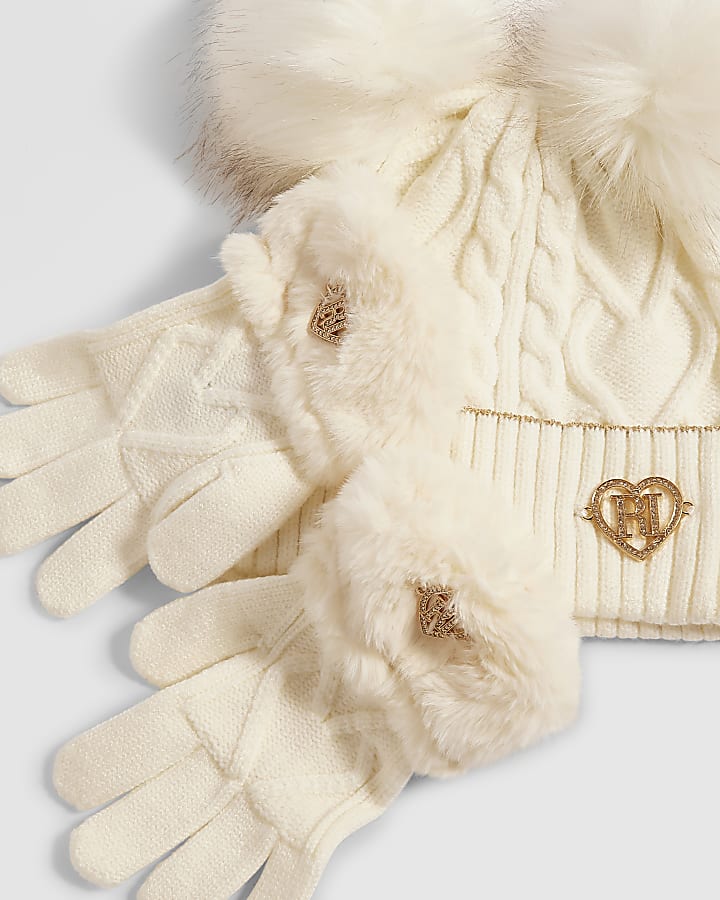 Girls Cream Knitted Beanie Bundle Of 3