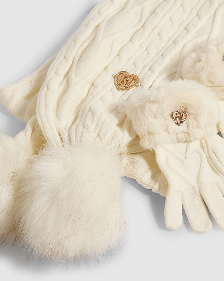 Girls Cream Knitted Beanie Bundle Of 3