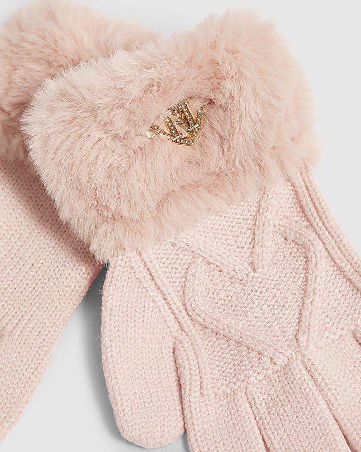 Girls Pink Knitted Faux Fur Gloves