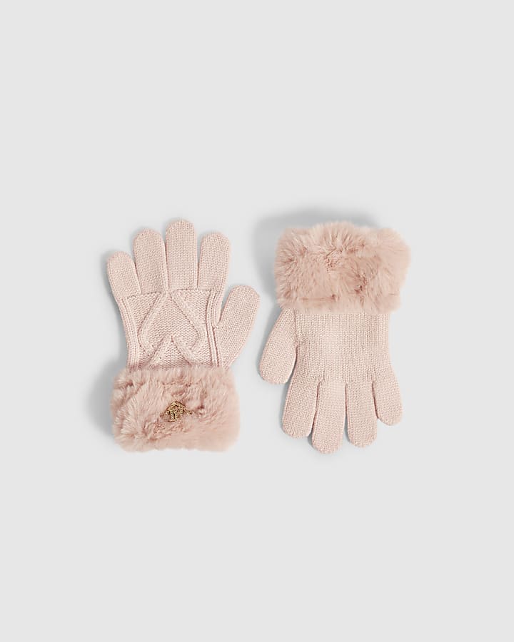 Girls Pink Knitted Faux Fur Gloves