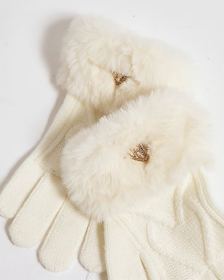 Girls Cream Knitted Faux Fur Gloves