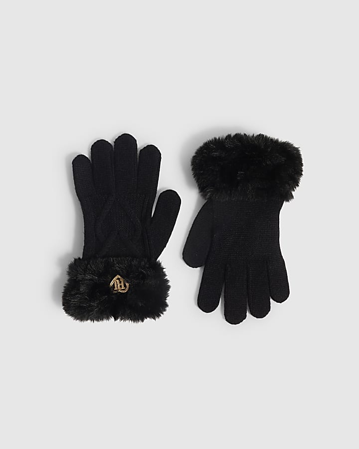 Girls Black Knitted Faux Fur Gloves