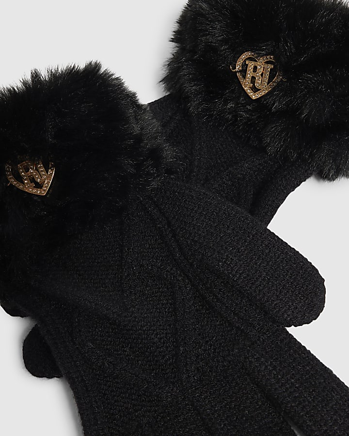 Girls Black Knitted Faux Fur Gloves