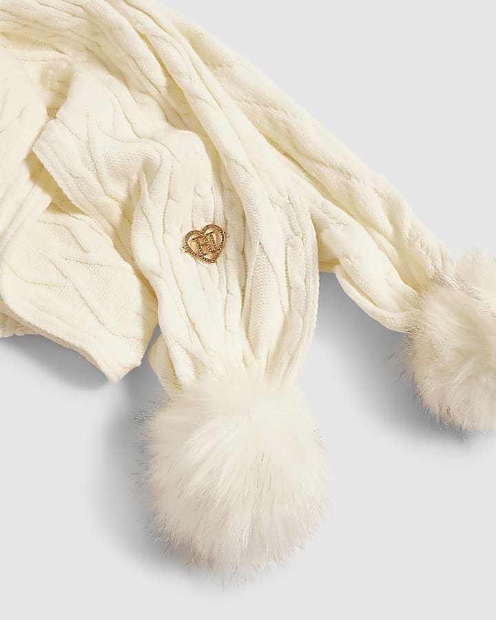 Girls Cream Knit Pom Pom Scarf