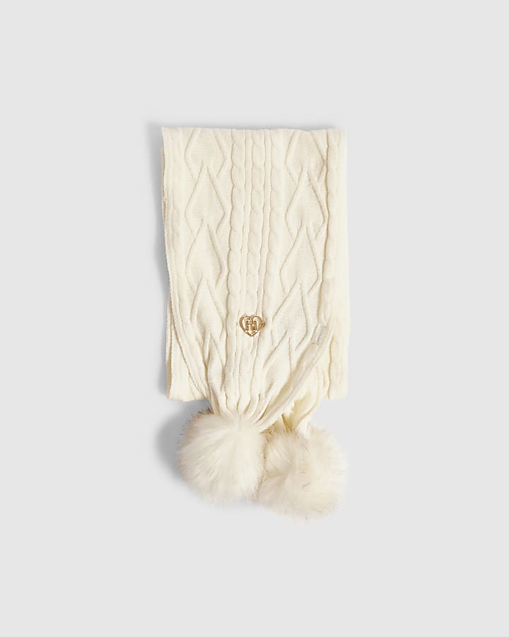 Girls Cream Knit Pom Pom Scarf