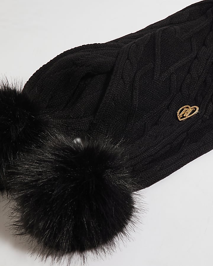 Girls Black Knit Pom Pom Scarf