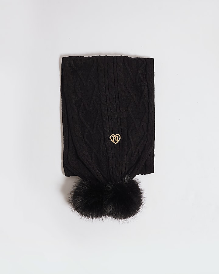 Girls Black Knit Pom Pom Scarf