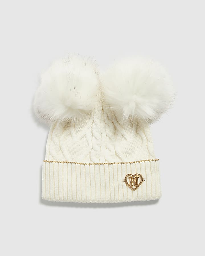 Girls Cream Double Pom Beanie