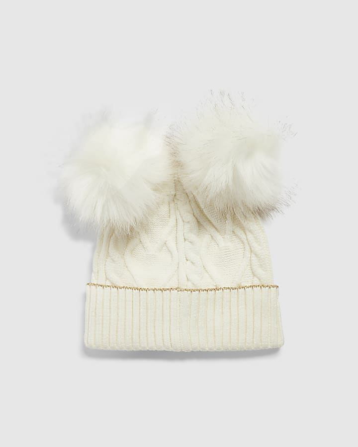 Girls Cream Double Pom Beanie