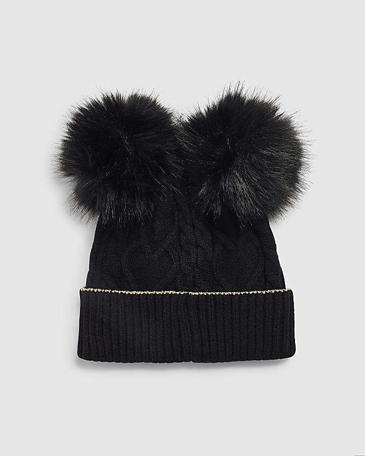 Girls Black Double Pom Beanie