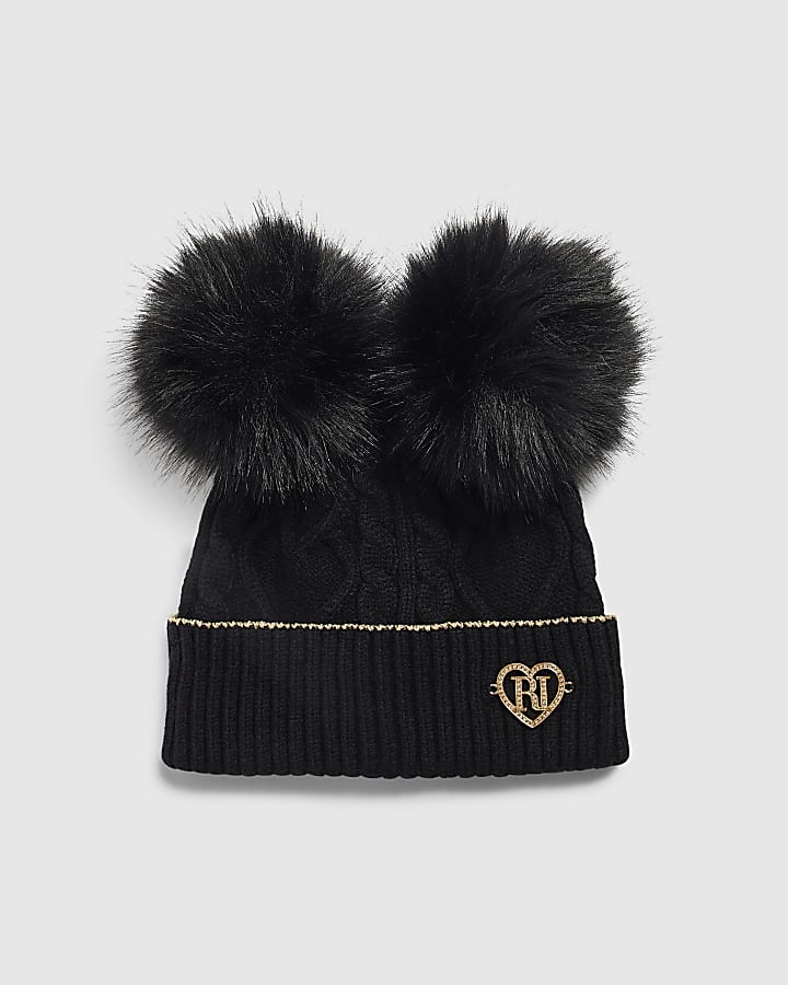Girls Black Double Pom Beanie
