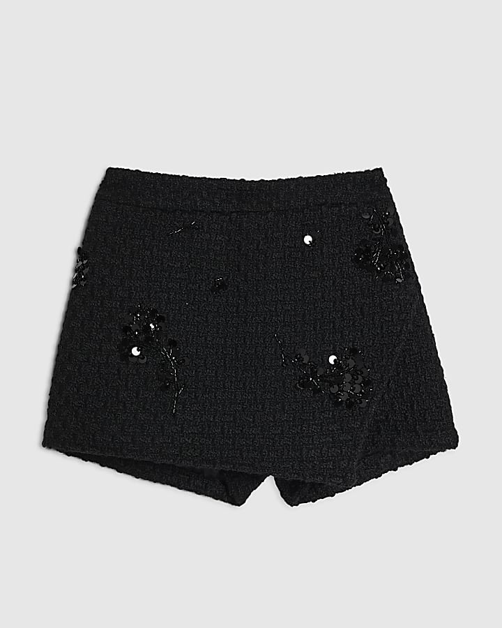 Girls Black Boucle Embellished Skort